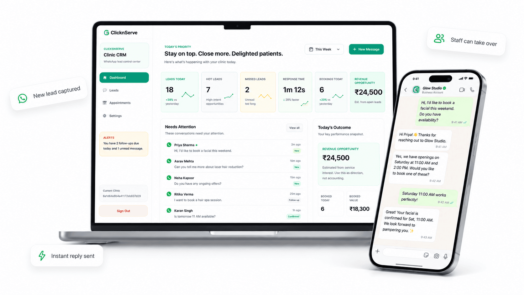 ClicknServe dashboard and WhatsApp automation preview